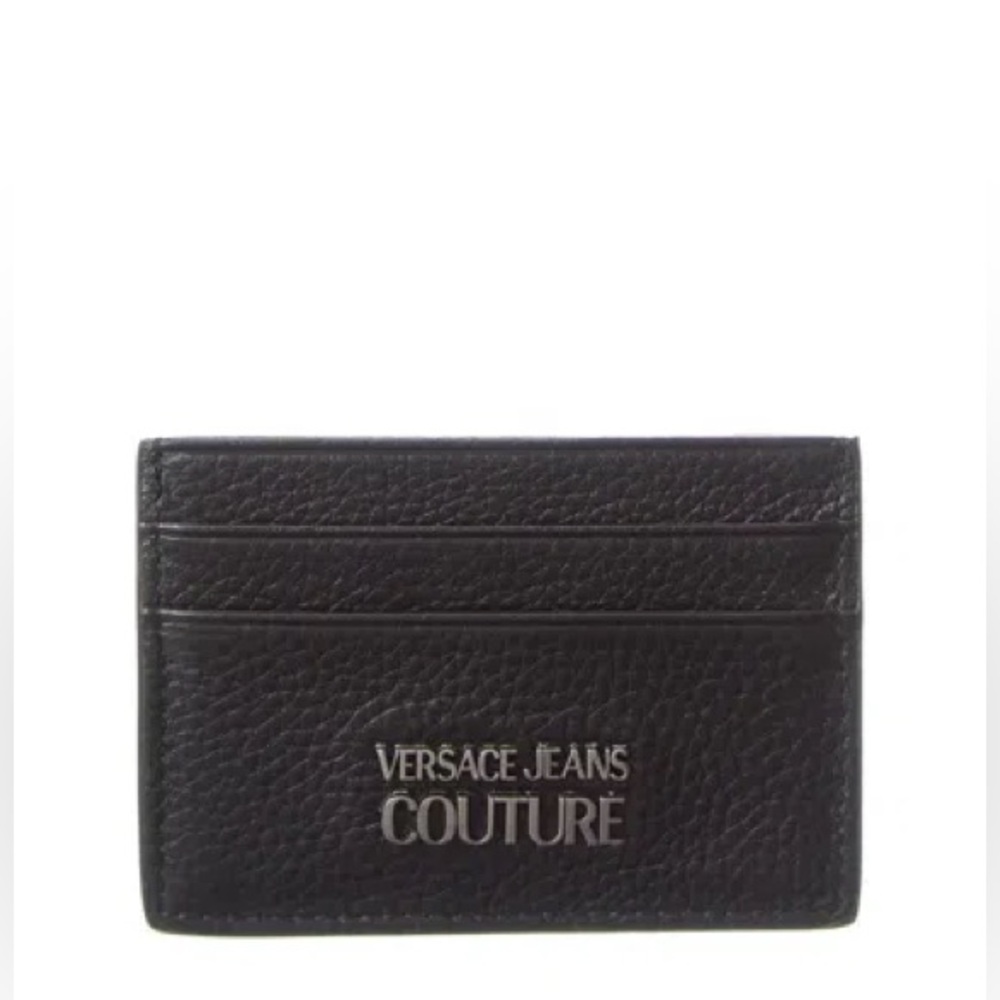 Versace Jeans Couture Range Metal Logo-Plaque Black Grain Leather Cardholder
